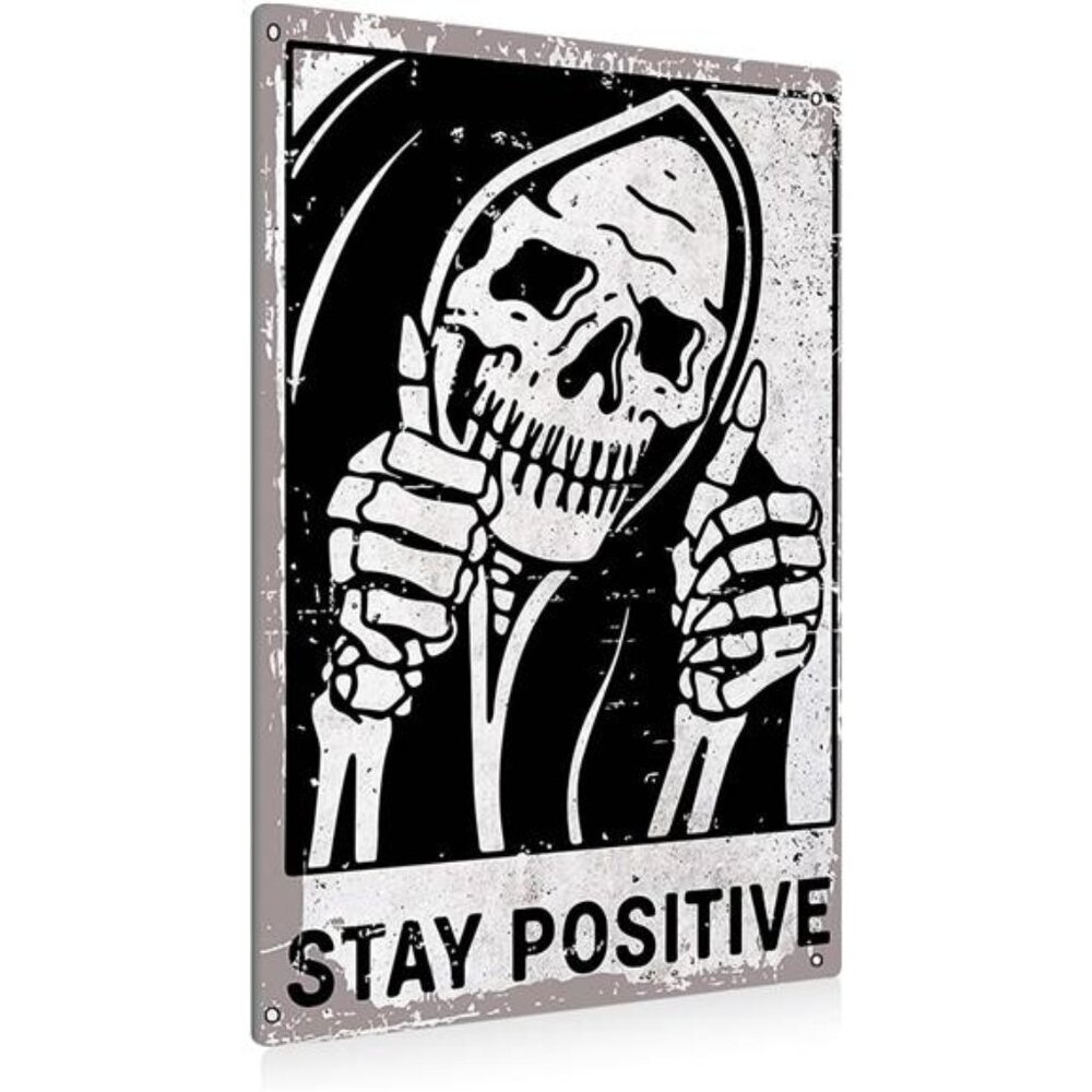 Vintage Stay Positive Skull Sign Metal Tin Sign Wall Décor Funny Retro Sign